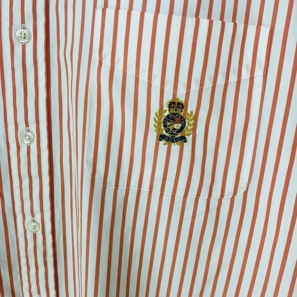 Vintage Polo Ralph Lauren Short Sleeve Red Pinstripe Button Up XL Crown Crest